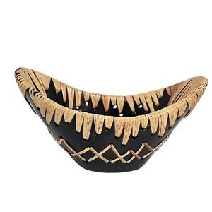 Mercadito Jireh Sou Puntacana Handcrafted Black Clay Rattan Woven Bowl Decor HTF